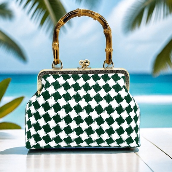 Take by Take Handbags - NWT TAKE BY TAKE  Cotton/Poly  Houndstooth Evening Crossbody Bag, Green/White